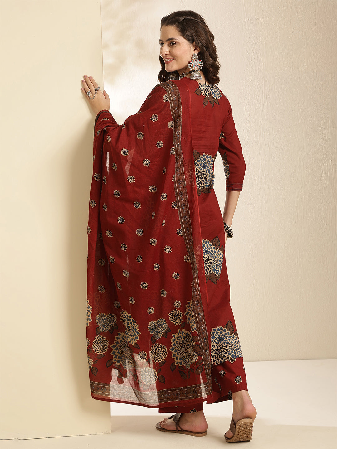 Cotton Calf Length Printed Three-Quarter Sleeves V-Neck Straight Kurta Bottom With Dupatta