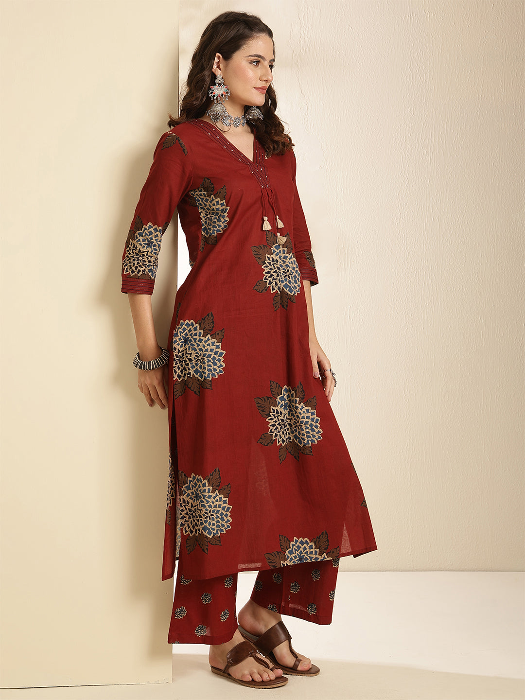 Cotton Calf Length Printed Three-Quarter Sleeves V-Neck Straight Kurta Bottom With Dupatta