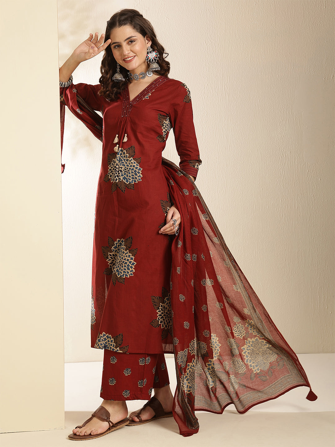 Cotton Calf Length Printed Three-Quarter Sleeves V-Neck Straight Kurta Bottom With Dupatta