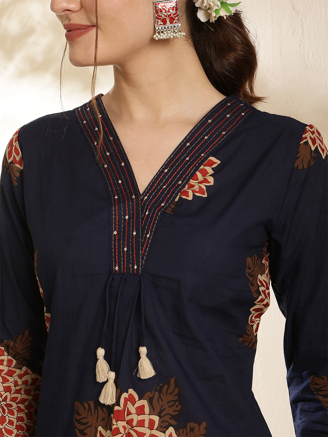 Cotton Calf Length Printed Three-Quarter Sleeves V-Neck Straight Kurta Bottom With Dupatta