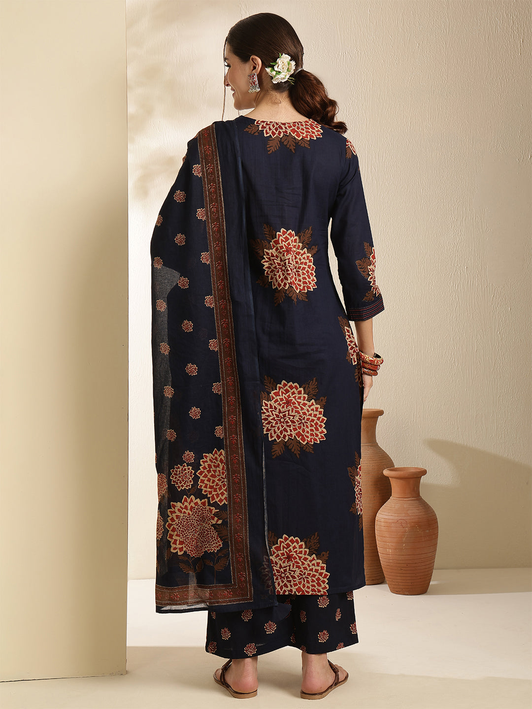 Cotton Calf Length Printed Three-Quarter Sleeves V-Neck Straight Kurta Bottom With Dupatta