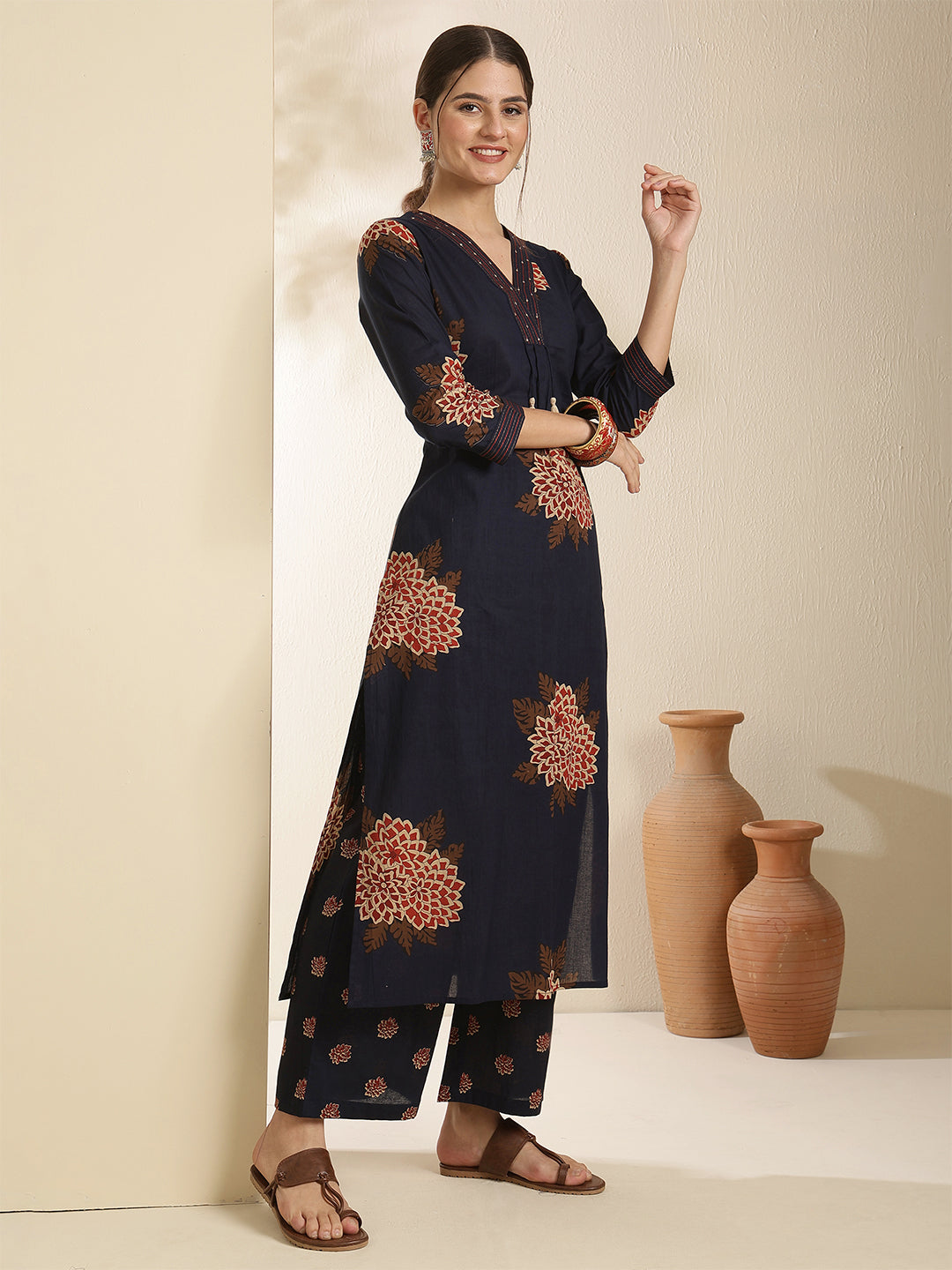 Cotton Calf Length Printed Three-Quarter Sleeves V-Neck Straight Kurta Bottom With Dupatta