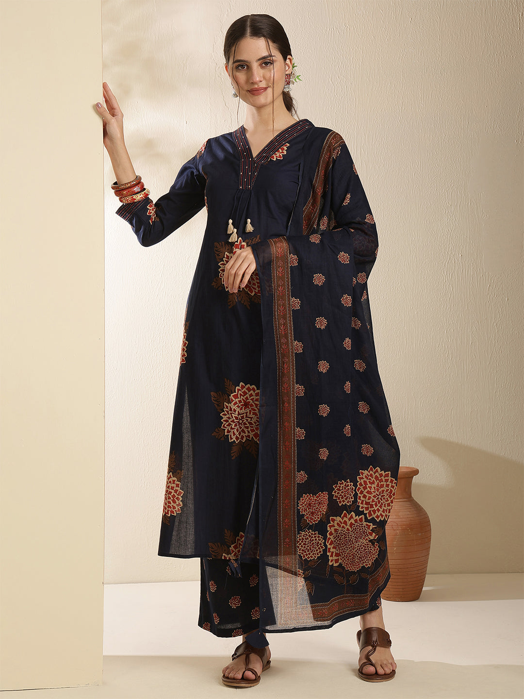 Cotton Calf Length Printed Three-Quarter Sleeves V-Neck Straight Kurta Bottom With Dupatta