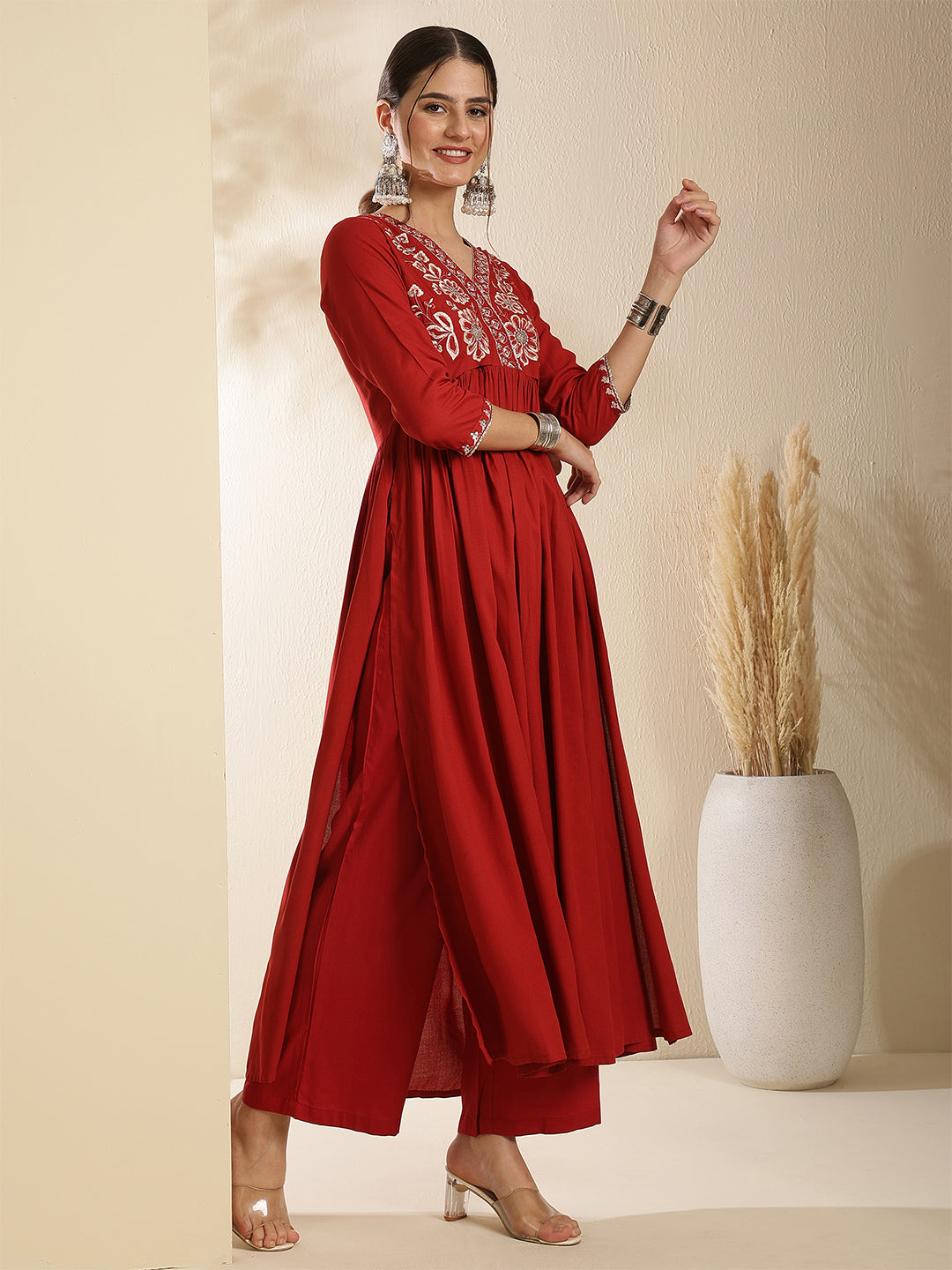 Rayon Calf Length Solid Three-Quarter Sleeves V-Neck Semi-Flared Kurta Bottom With Dupatta