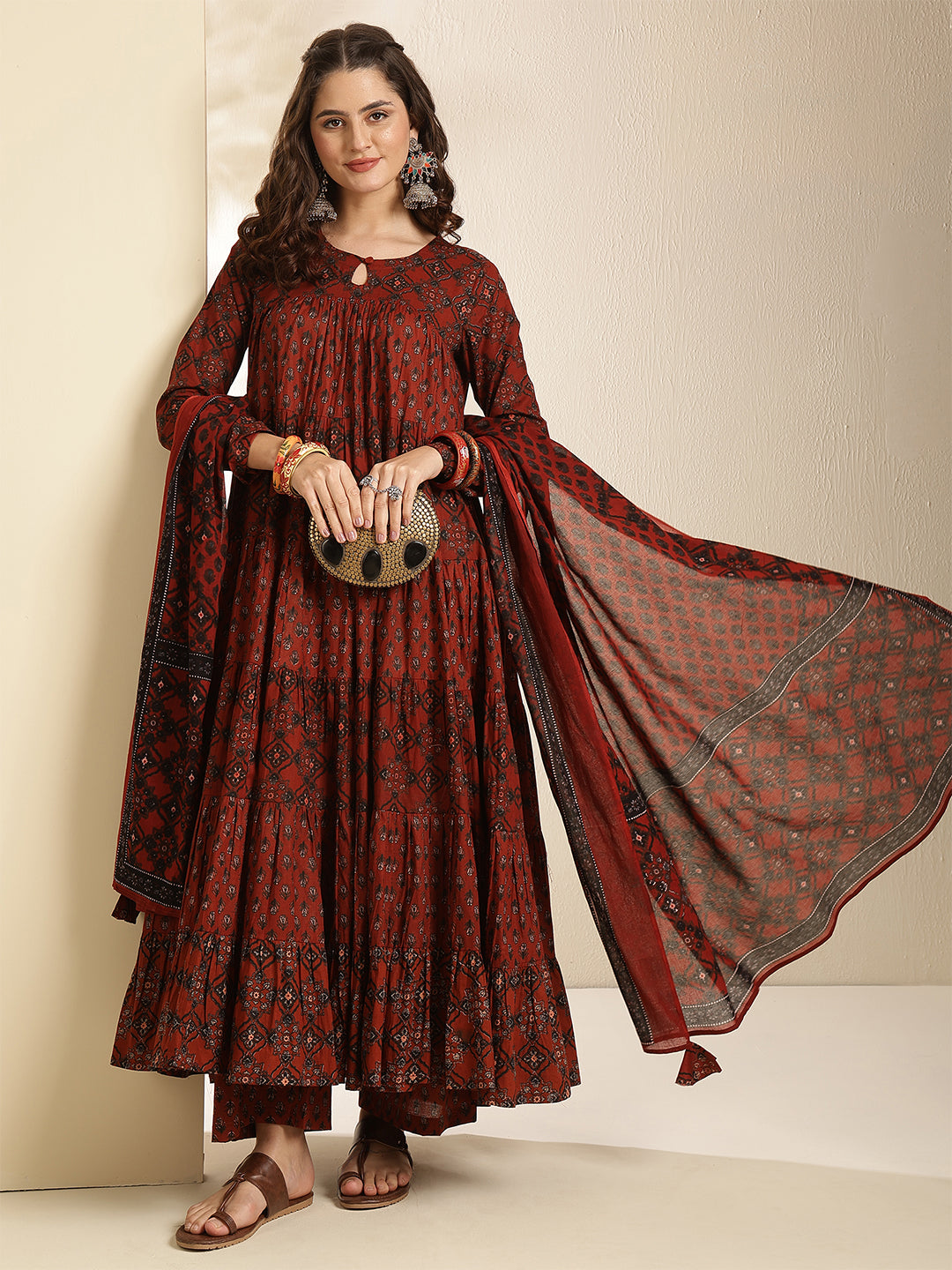 Cotton Calf Length Printed Three-Quarter Sleeves Key Hole Neck Anarkali Kurta Bottom With Dupatta