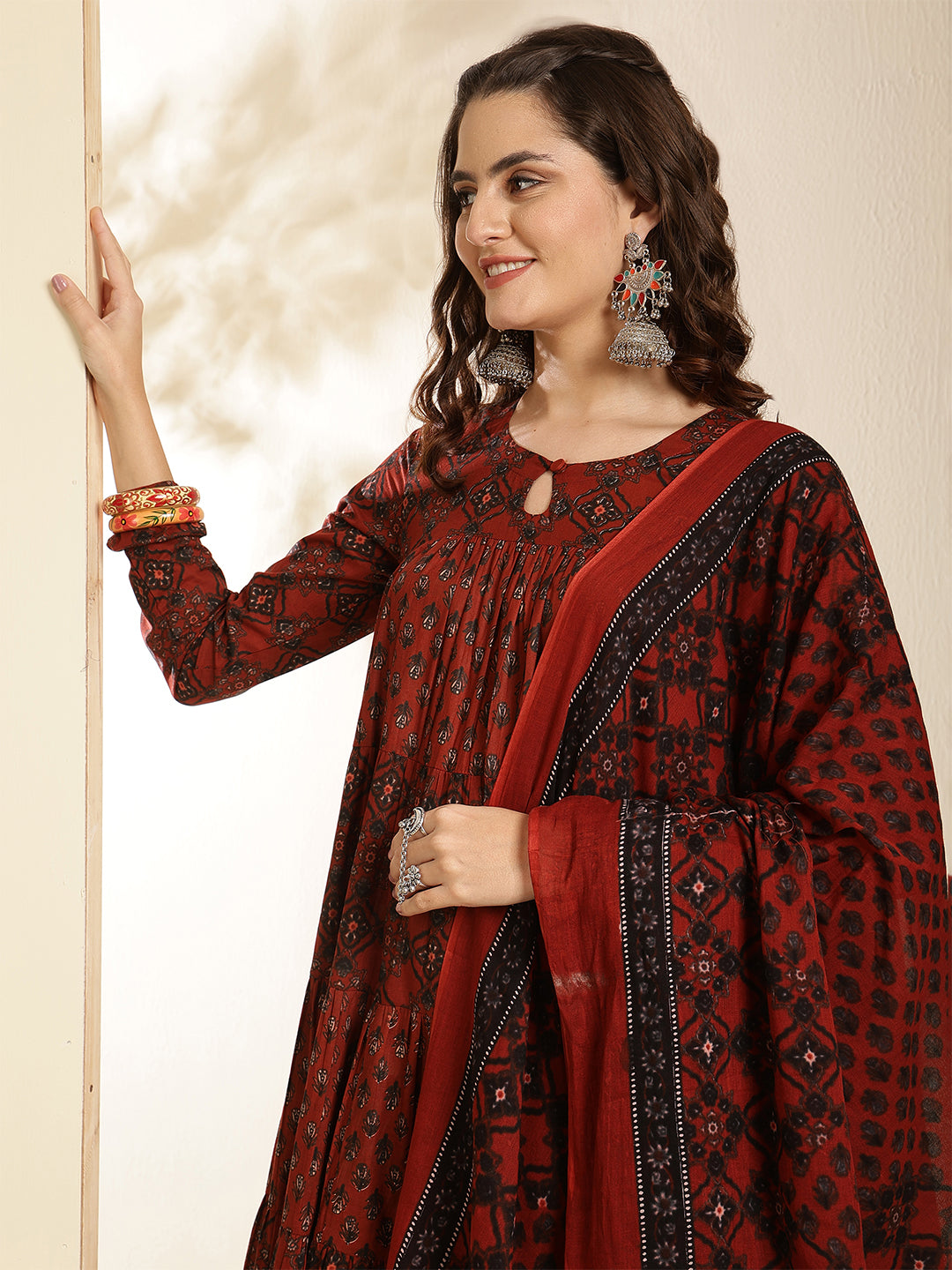 Cotton Calf Length Printed Three-Quarter Sleeves Key Hole Neck Anarkali Kurta Bottom With Dupatta