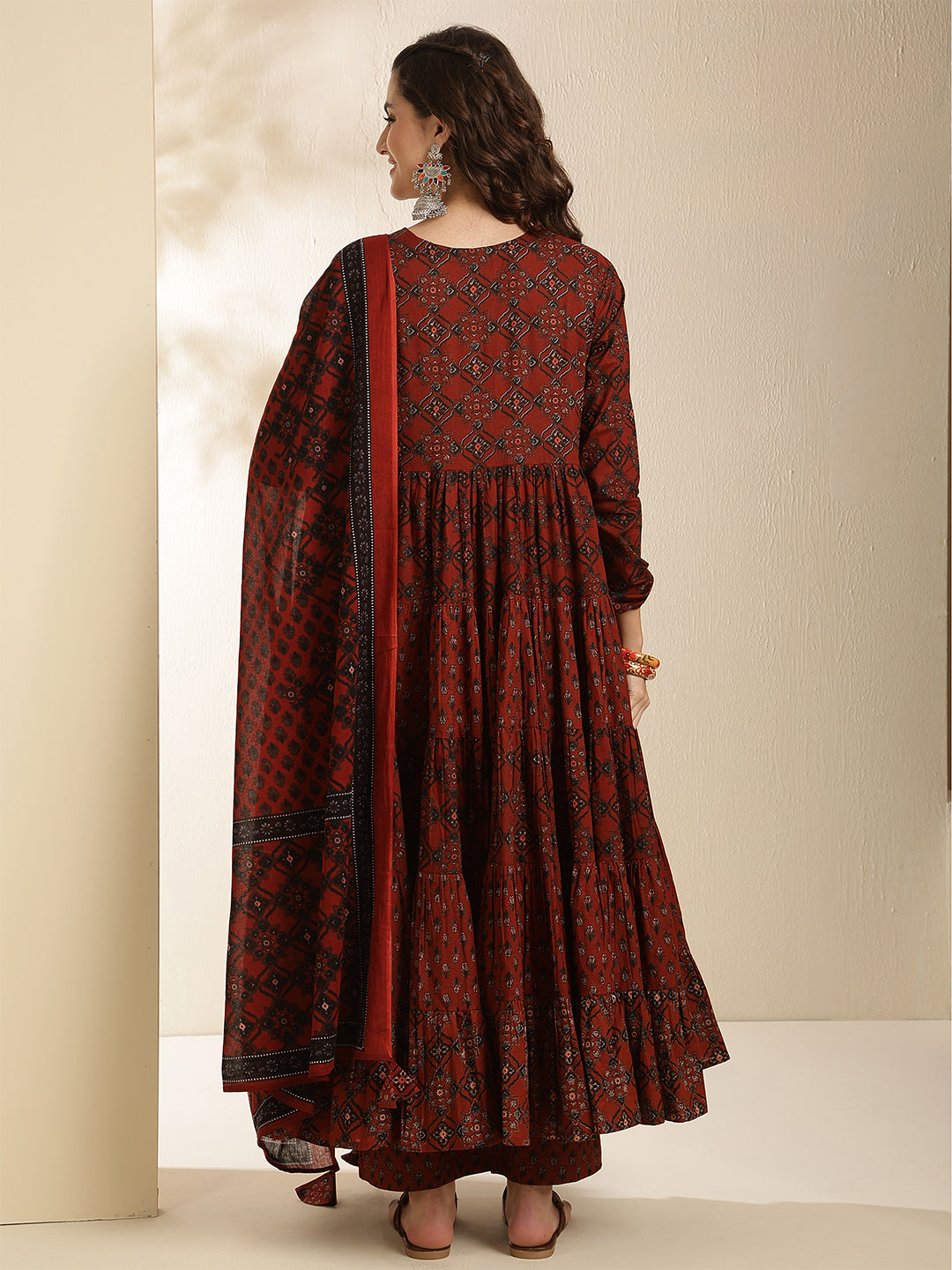 Cotton Calf Length Printed Three-Quarter Sleeves Key Hole Neck Anarkali Kurta Bottom With Dupatta