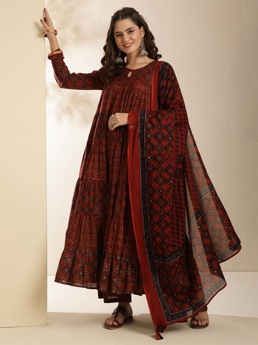 Cotton Calf Length Printed Three-Quarter Sleeves Key Hole Neck Anarkali Kurta Bottom With Dupatta