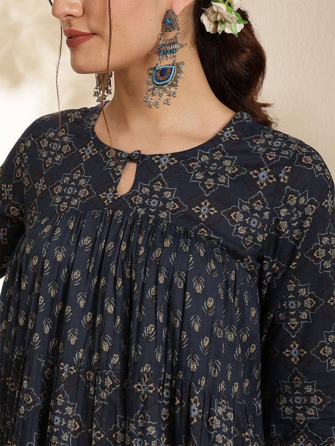 Cotton Calf Length Printed Three-Quarter Sleeves Key Hole Neck Anarkali Kurta Bottom With Dupatta