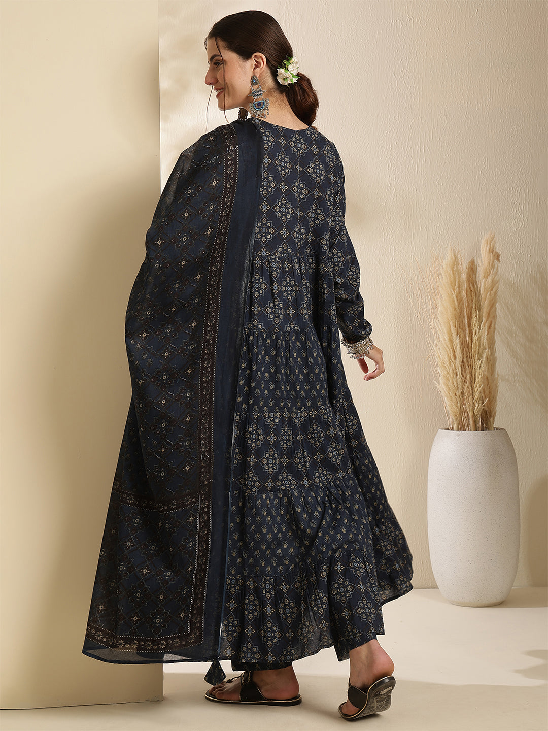 Cotton Calf Length Printed Three-Quarter Sleeves Key Hole Neck Anarkali Kurta Bottom With Dupatta