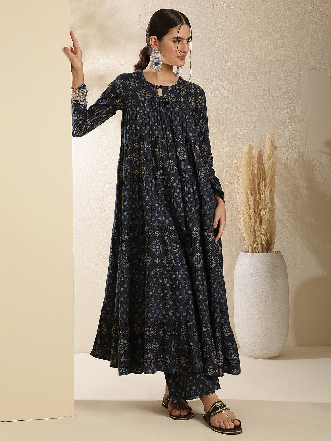 Cotton Calf Length Printed Three-Quarter Sleeves Key Hole Neck Anarkali Kurta Bottom With Dupatta