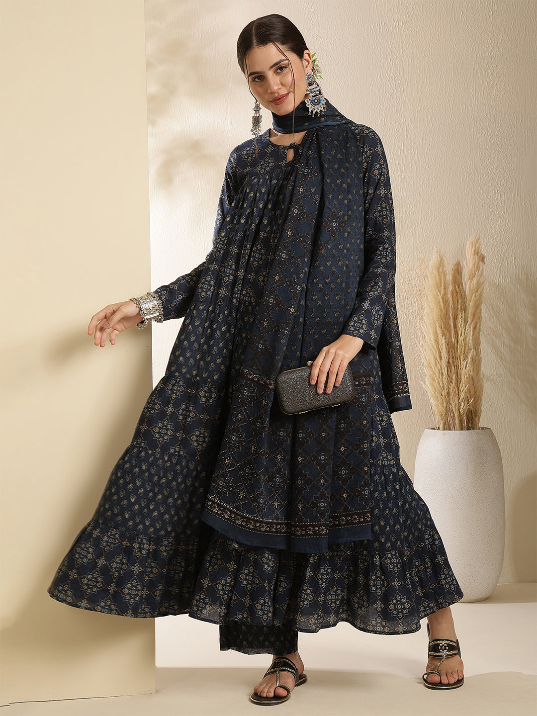 Cotton Calf Length Printed Three-Quarter Sleeves Key Hole Neck Anarkali Kurta Bottom With Dupatta