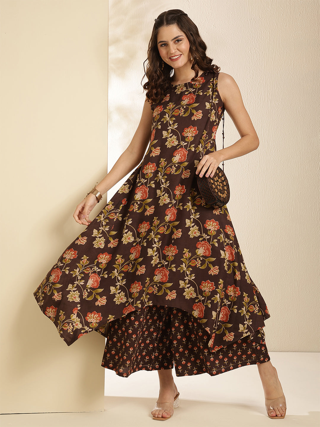 Rayon Calf Length Printed Sleeveless Round Neck Asymmetrical Kurta Bottom Set