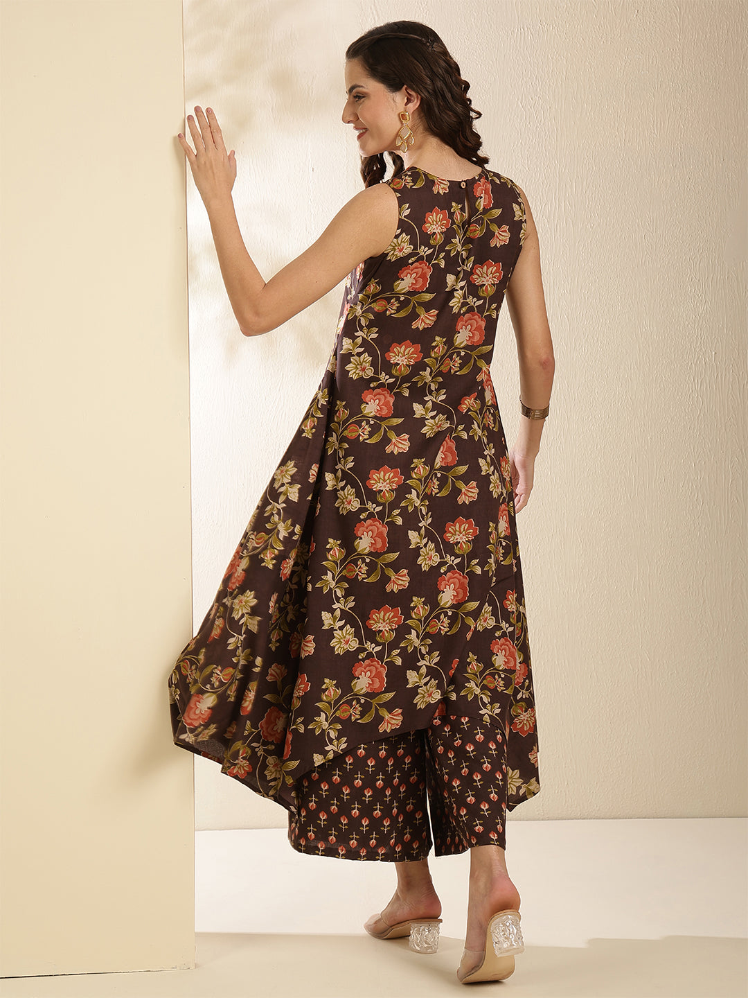 Rayon Calf Length Printed Sleeveless Round Neck Asymmetrical Kurta Bottom Set