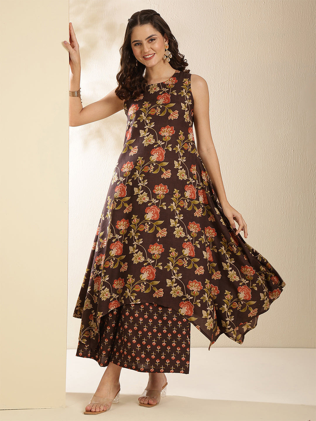 Rayon Calf Length Printed Sleeveless Round Neck Asymmetrical Kurta Bottom Set