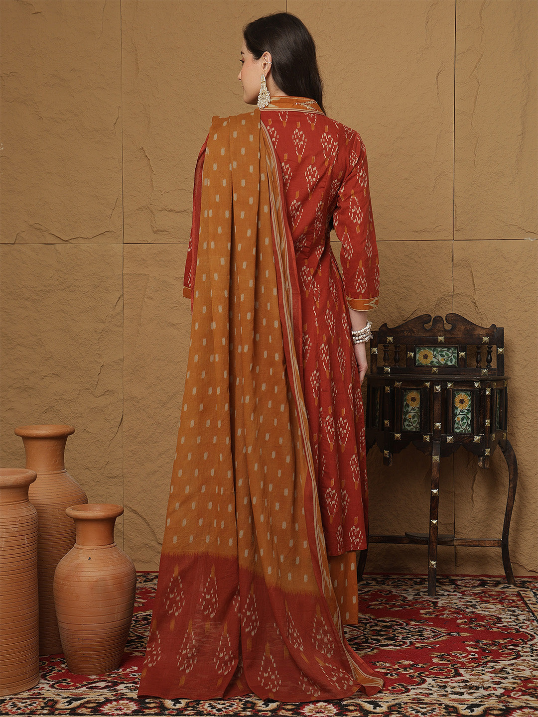 Cotton Calf Length Printed 3/4 Sleeves Collar Semi-Flared Kurta Bottom With Dupatta