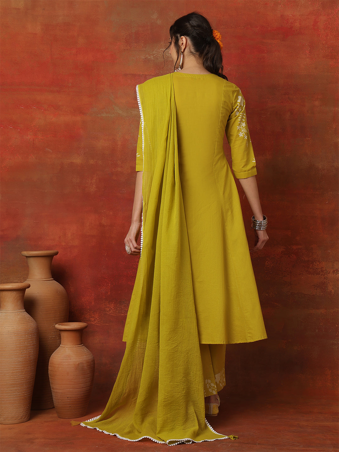 Rayon Calf Length Solid 3/4 Sleeves Round Neck A-Line Kurta Bottom With Dupatta