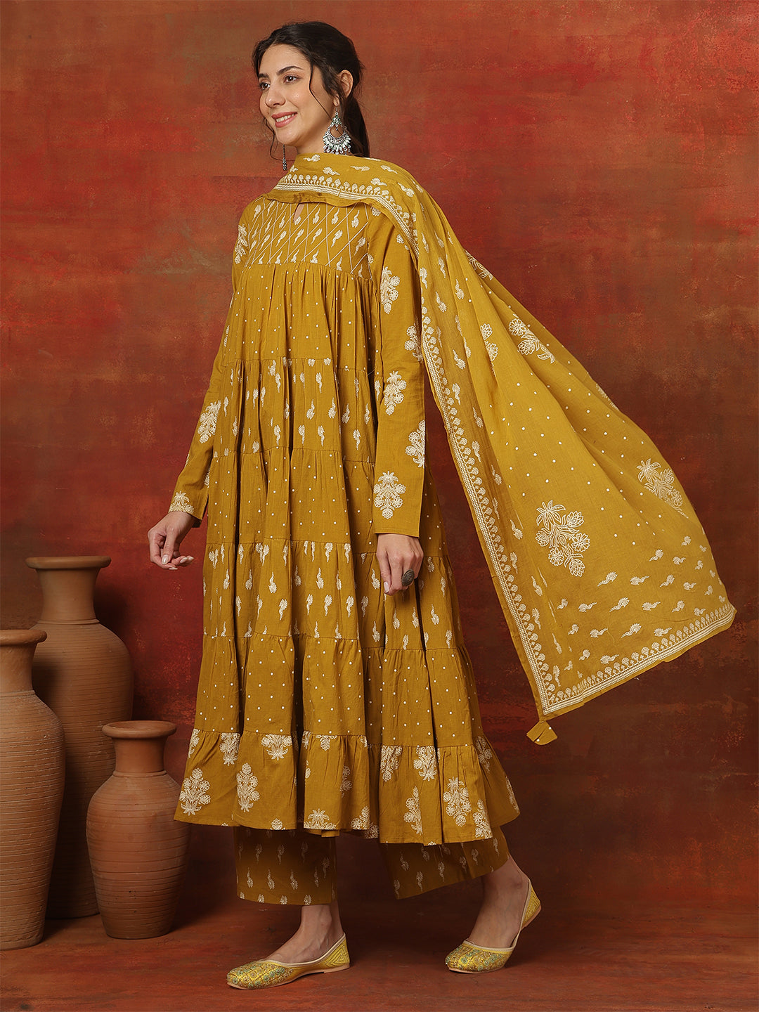 Cotton Ankle Length Printed 3/4 Sleeves Round Neck Full Flared Kurta Bottom With Dupatta