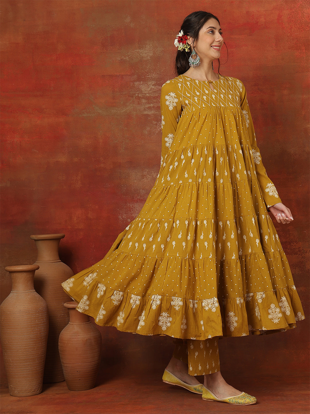 Cotton Ankle Length Printed 3/4 Sleeves Round Neck Full Flared Kurta Bottom With Dupatta