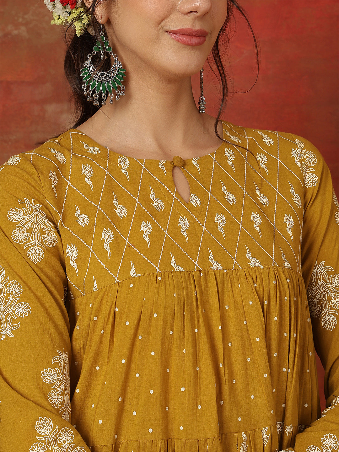 Cotton Ankle Length Printed 3/4 Sleeves Round Neck Full Flared Kurta Bottom With Dupatta