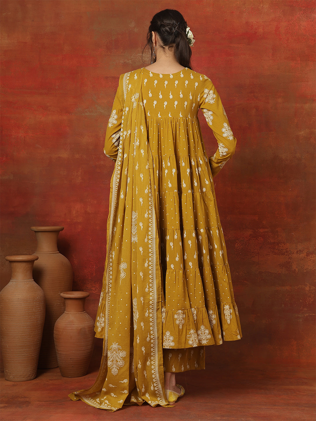 Cotton Ankle Length Printed 3/4 Sleeves Round Neck Full Flared Kurta Bottom With Dupatta