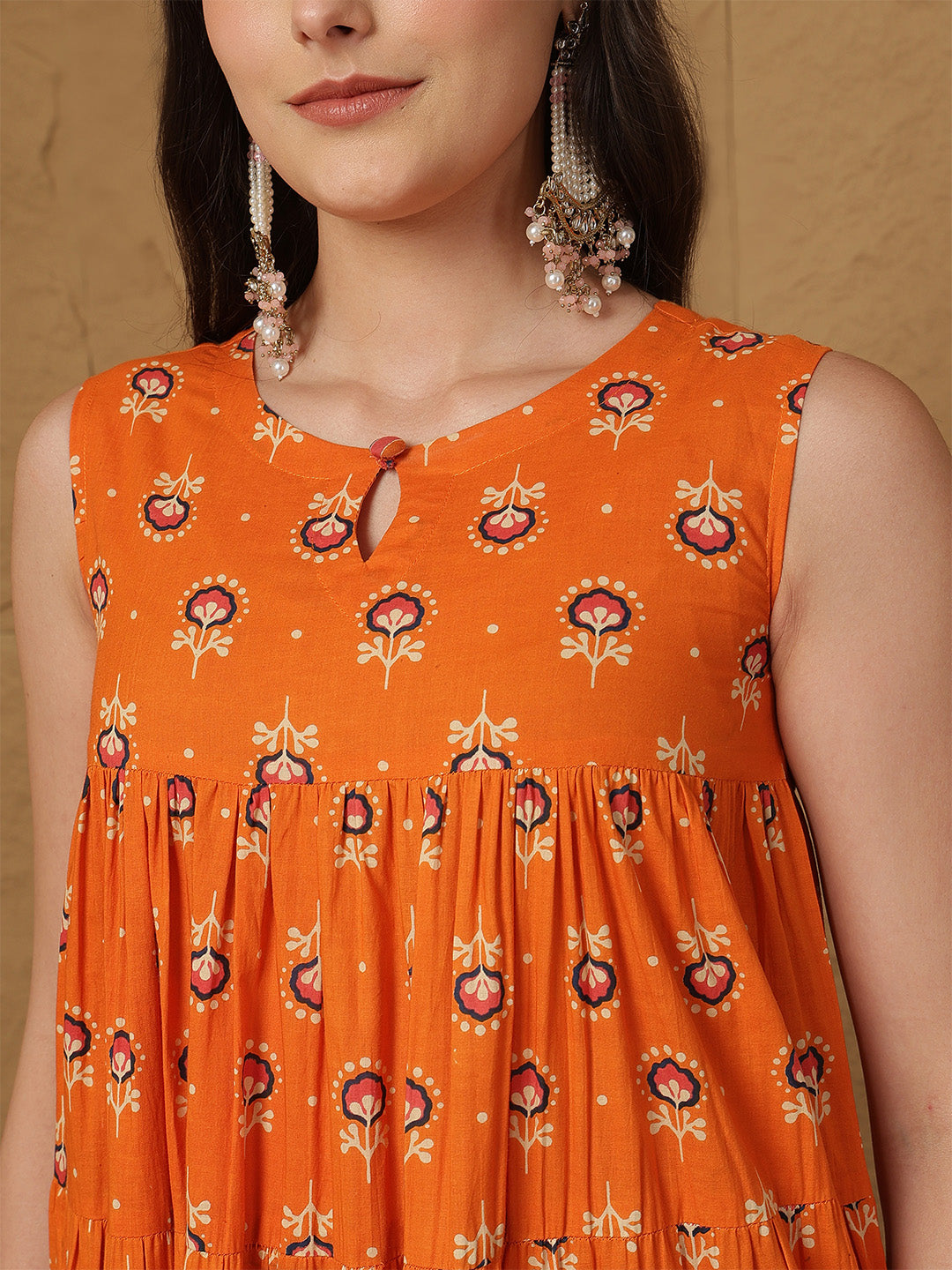 Cotton Ankle Length Printed Round Neck Full Flared Kurta Bottom With Dupatta