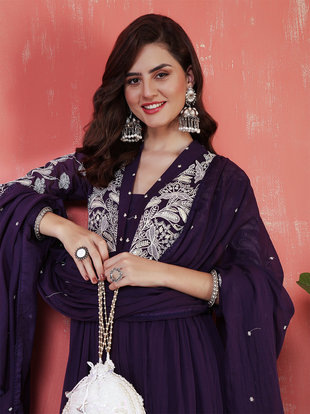 Cotton Calf Length Solid 3/4 Sleeves V-Neck Anarkali Kurta Suit Set