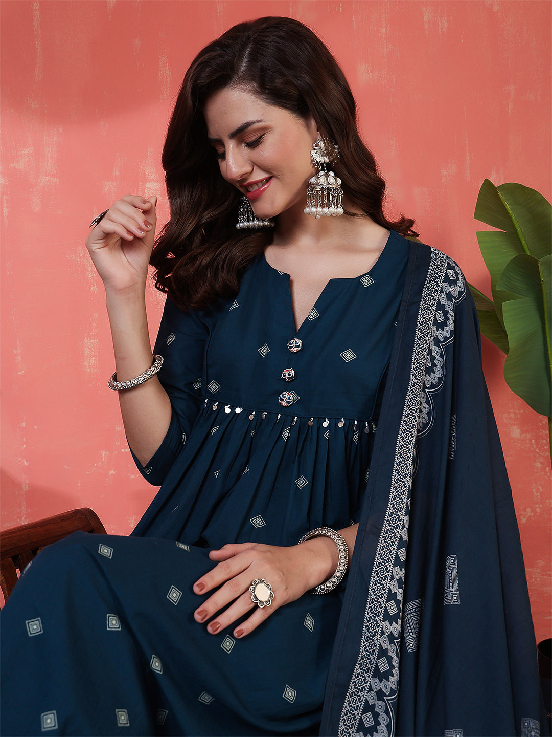 Rayon Calf Length Printed 3/4 Sleeves Round Neck Semi-Flared Kurta Suit Set