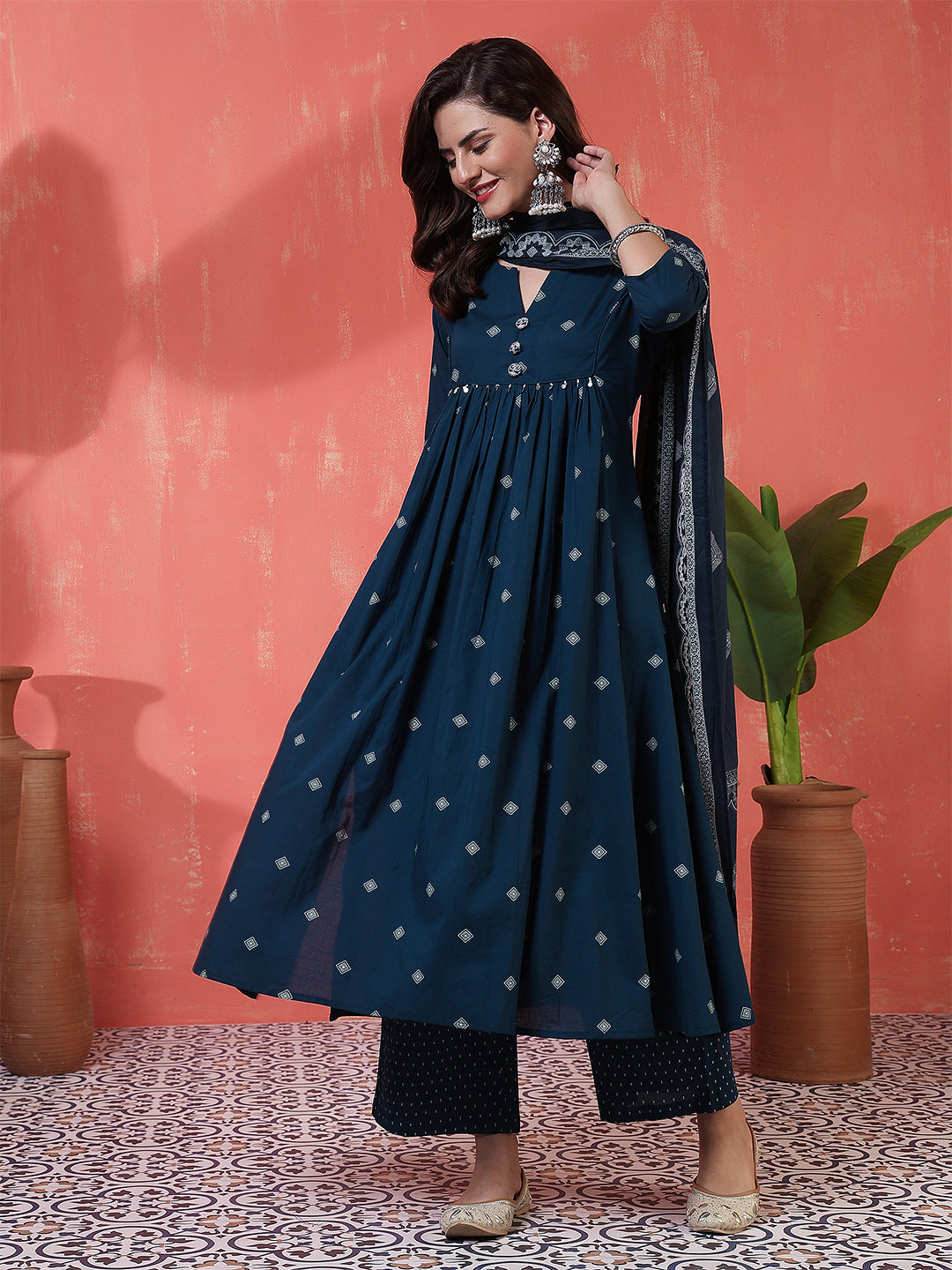 Rayon Calf Length Printed 3/4 Sleeves Round Neck Semi-Flared Kurta Suit Set