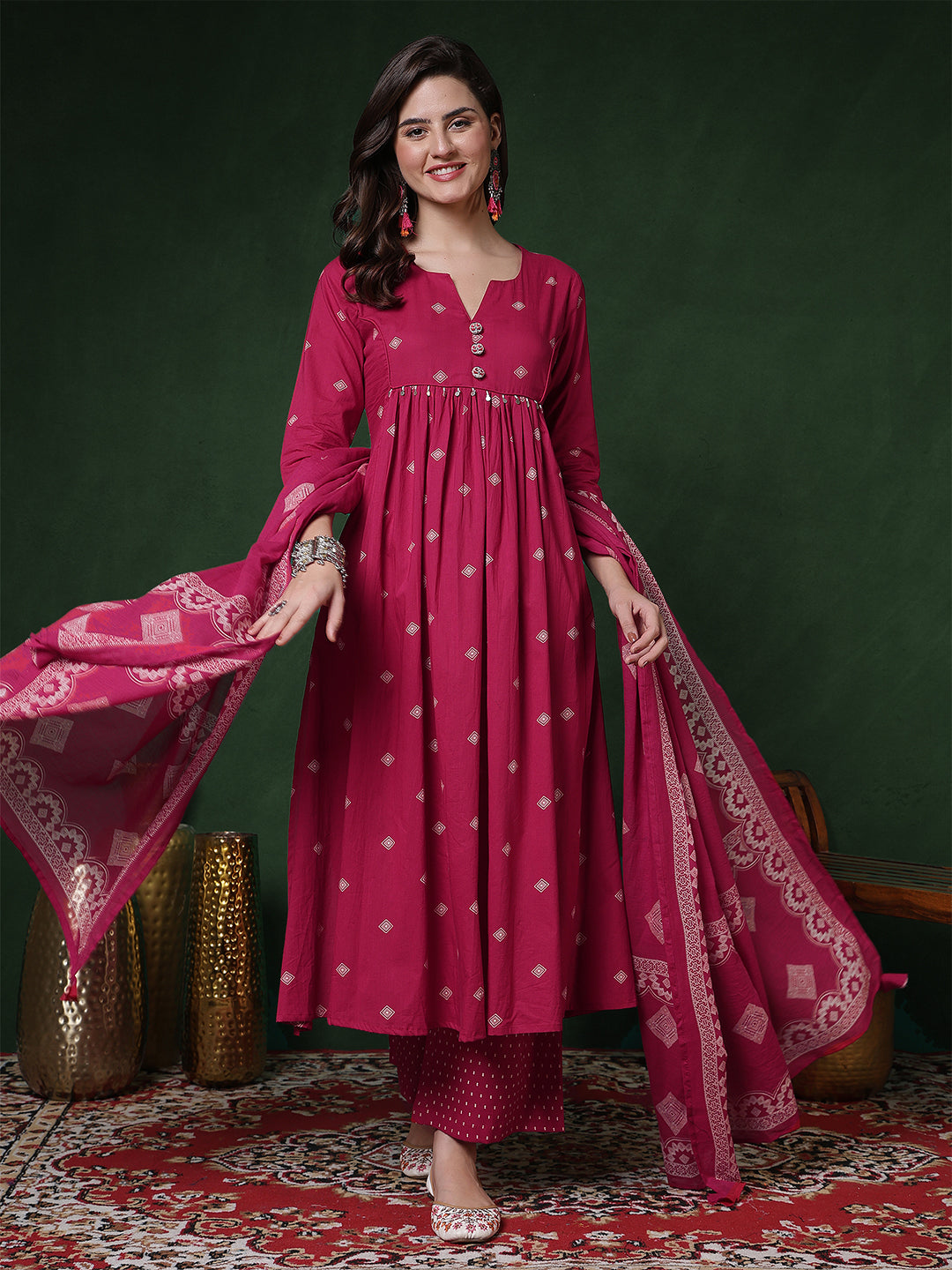 Rayon Calf Length Printed 3/4 Sleeves Round Neck Semi-Flared Kurta Suit Set