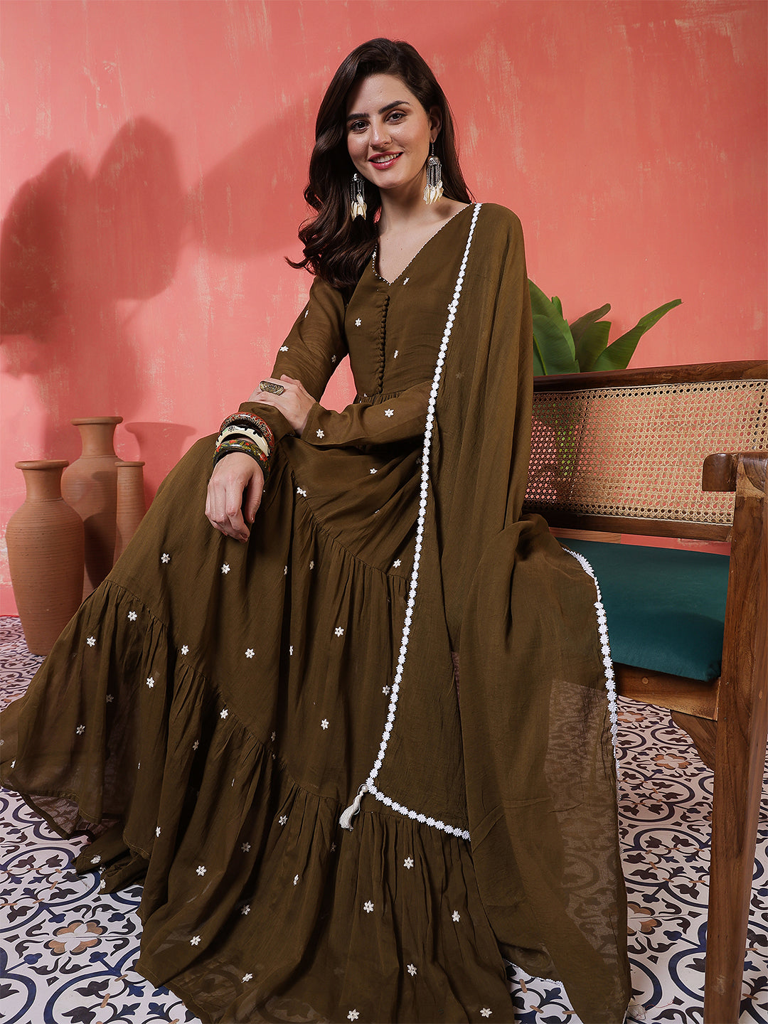 Cotton Ankle Length Printed Full- Sleeves V-Neck Tired Kurta Suit Set