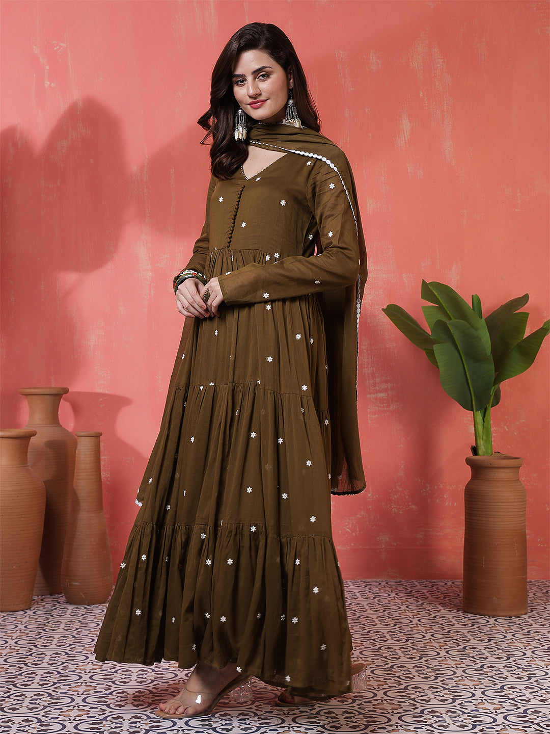 Cotton Ankle Length Printed Full- Sleeves V-Neck Tired Kurta Suit Set