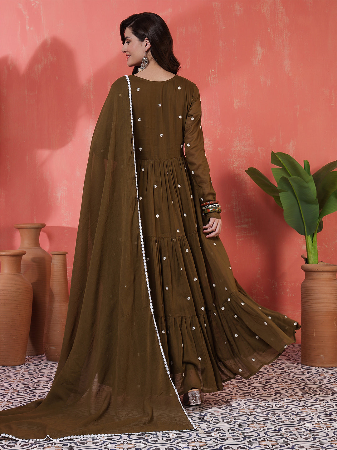 Cotton Ankle Length Printed Full- Sleeves V-Neck Tired Kurta Suit Set