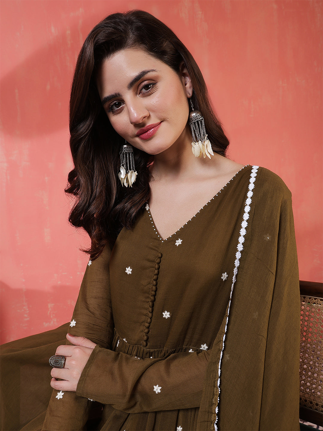 Cotton Ankle Length Printed Full- Sleeves V-Neck Tired Kurta Suit Set