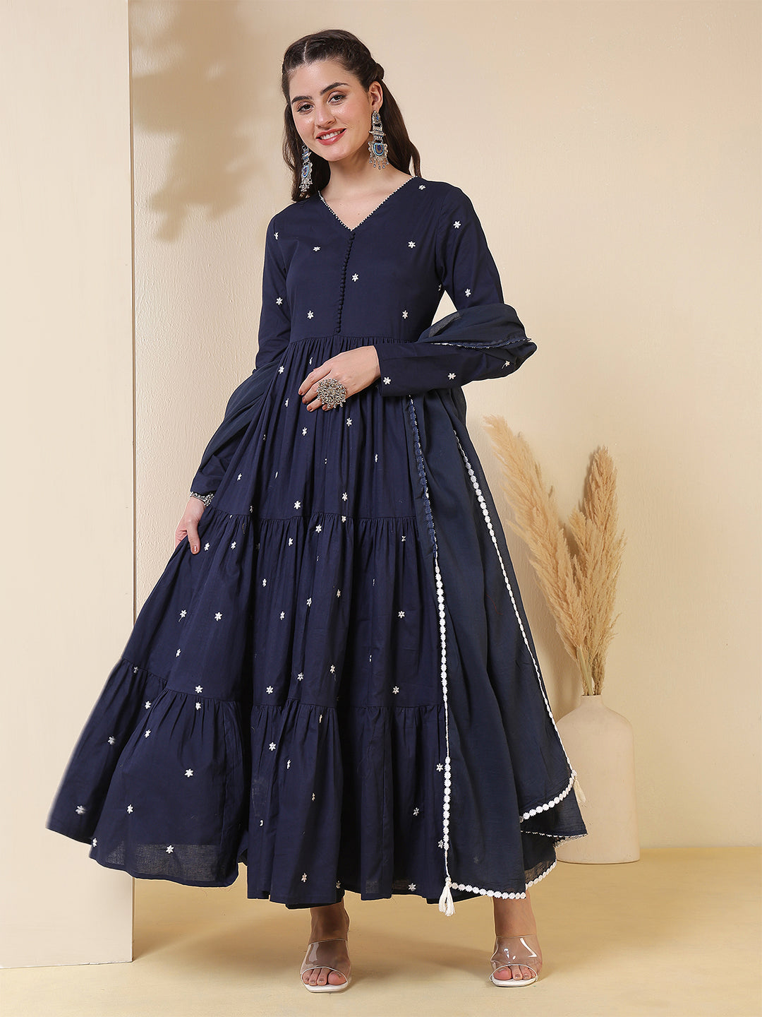 Cotton Ankle Length Printed Full- Sleeves V-Neck Tired Kurta Suit Set