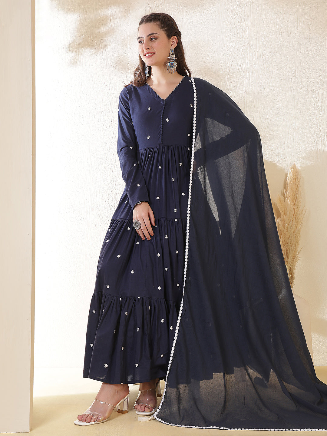 Cotton Ankle Length Printed Full- Sleeves V-Neck Tired Kurta Suit Set