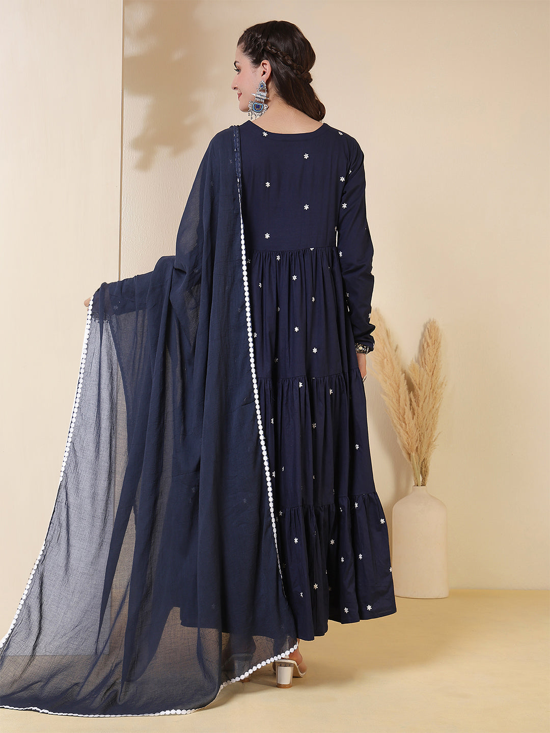Cotton Ankle Length Printed Full- Sleeves V-Neck Tired Kurta Suit Set