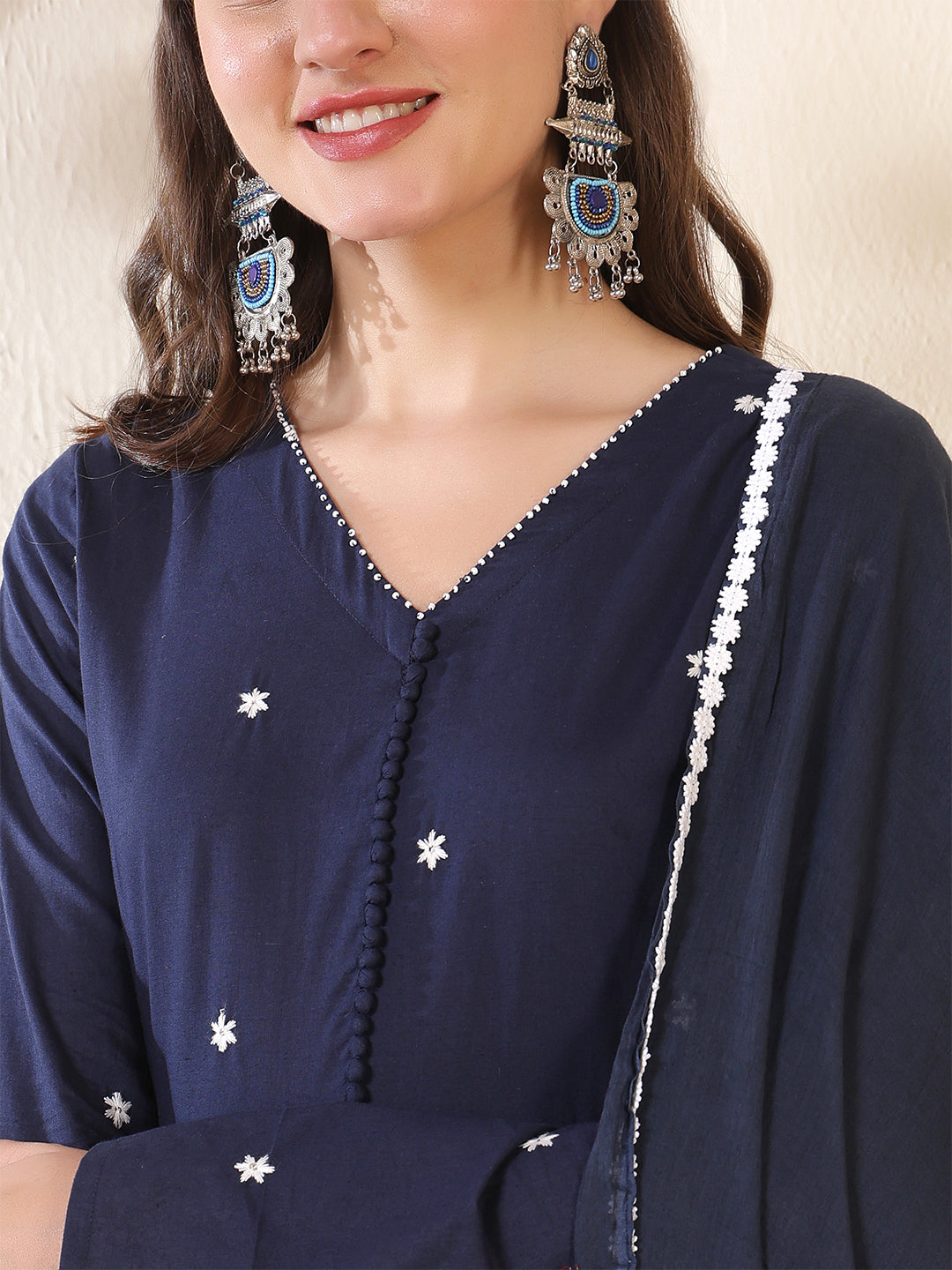 Cotton Ankle Length Printed Full- Sleeves V-Neck Tired Kurta Suit Set