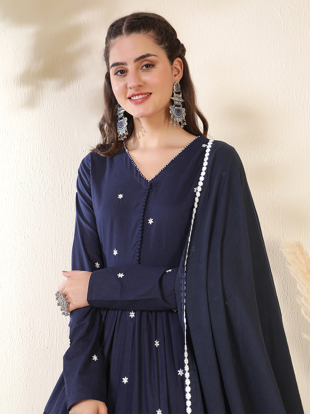 Cotton Ankle Length Printed Full- Sleeves V-Neck Tired Kurta Suit Set