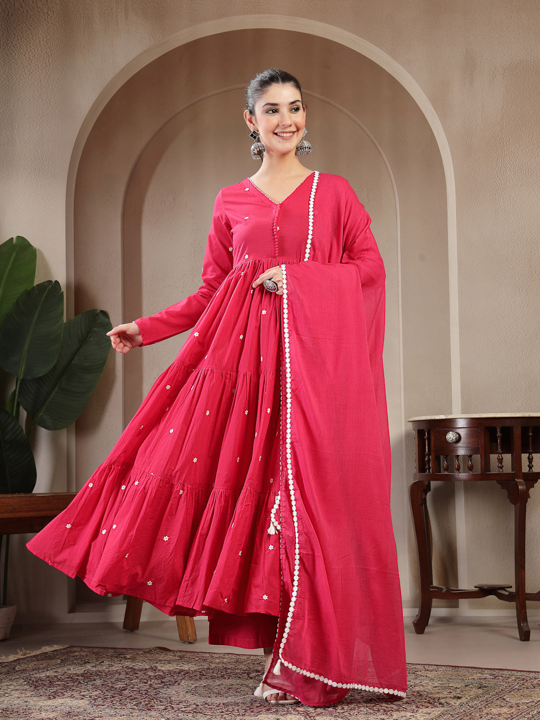 Cotton Calf Length Solid Full Sleeves V-Neck Anarkali Kurta Suit Set With Dupatta