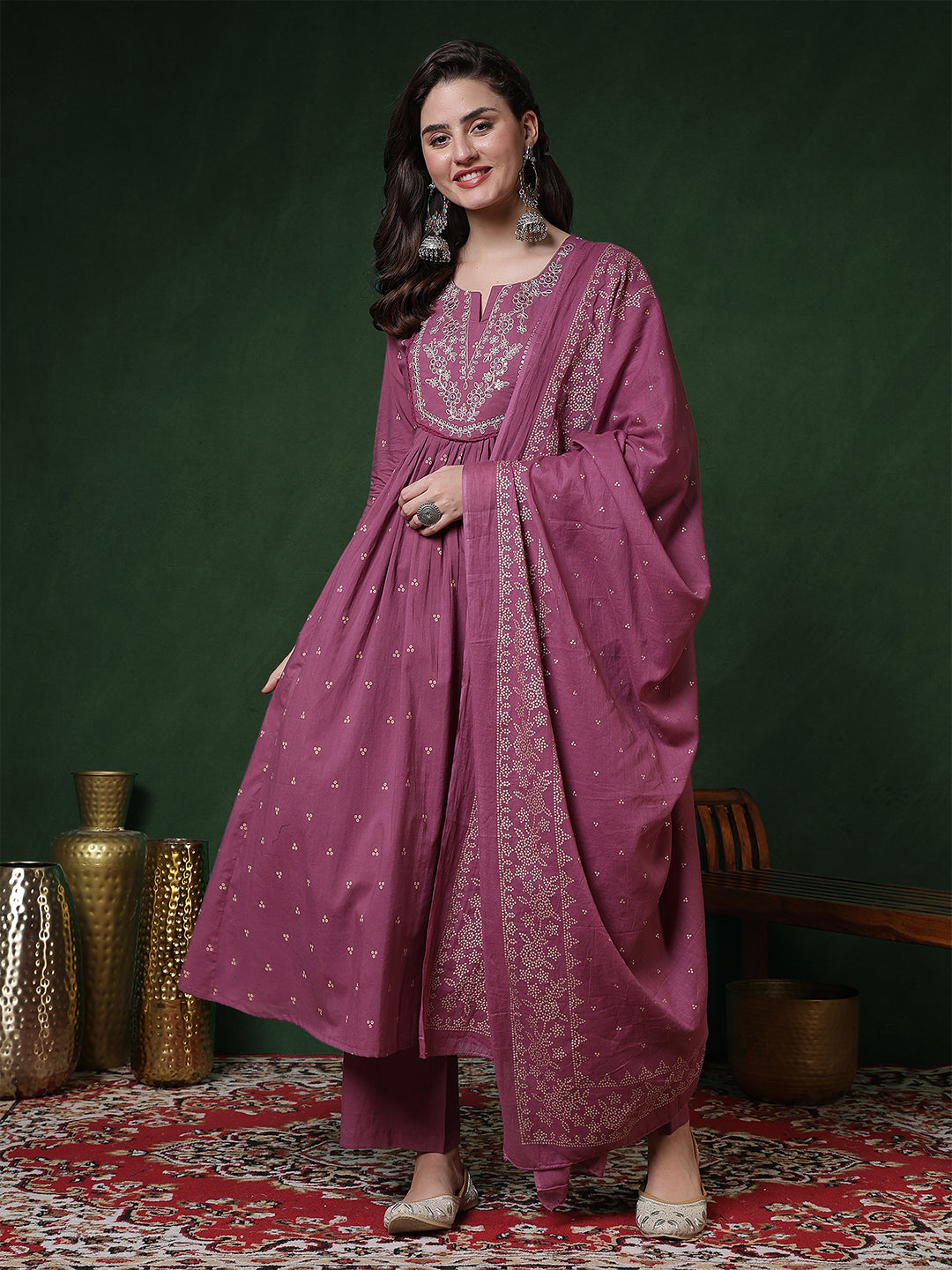 Cotton Calf Length Printed 3/4 Sleeves Round Neck Semi-Flared Kurta Suit Set