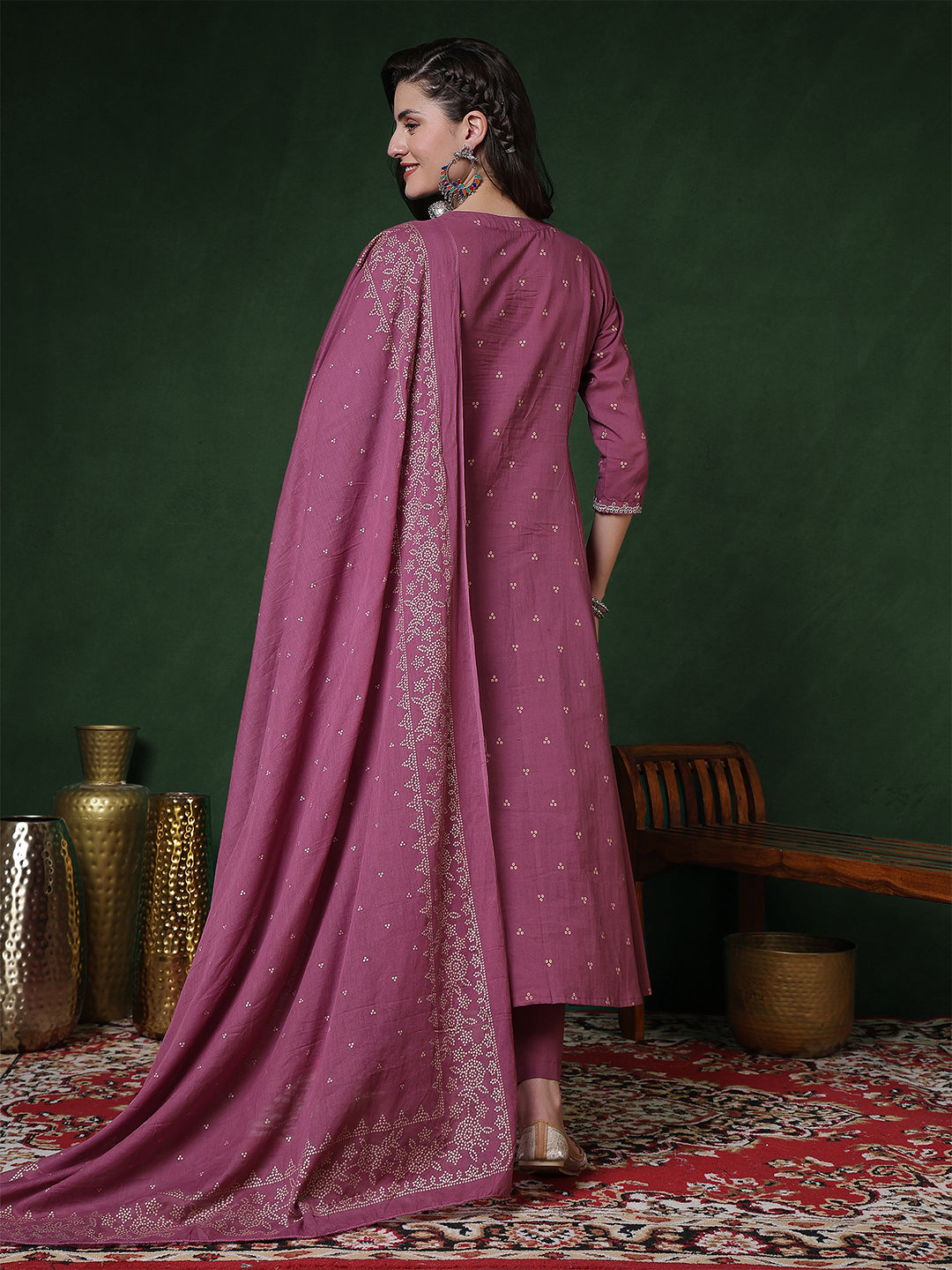 Cotton Calf Length Printed 3/4 Sleeves Round Neck Semi-Flared Kurta Suit Set