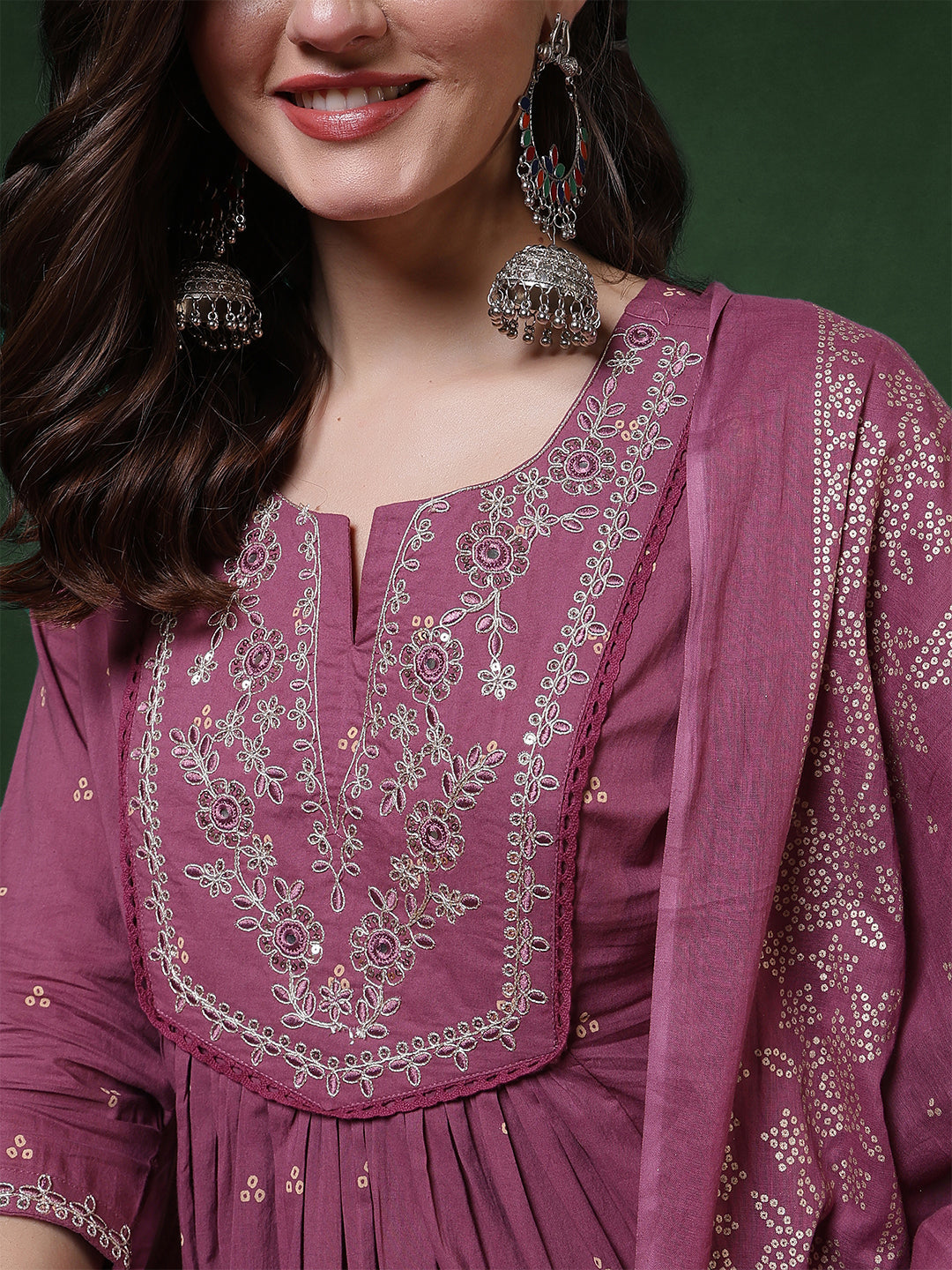 Cotton Calf Length Printed 3/4 Sleeves Round Neck Semi-Flared Kurta Suit Set