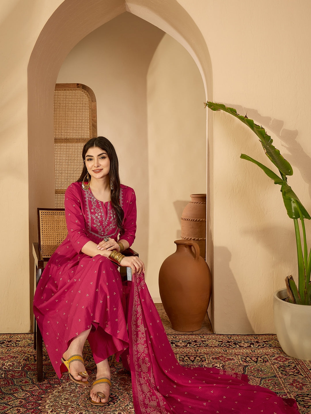 Cotton Calf Length Printed 3/4 Sleeve Round Neck Flared Kurta Suit Set