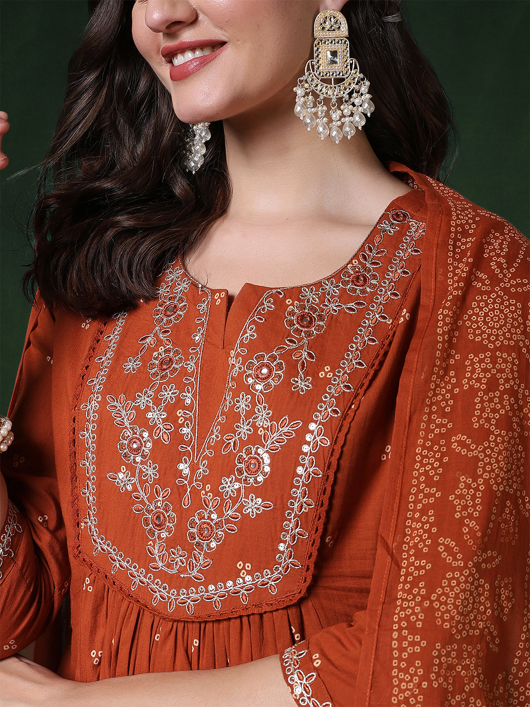 Cotton Calf Length Printed 3/4 Sleeves Round Neck Semi-Flared Kurta Suit Set