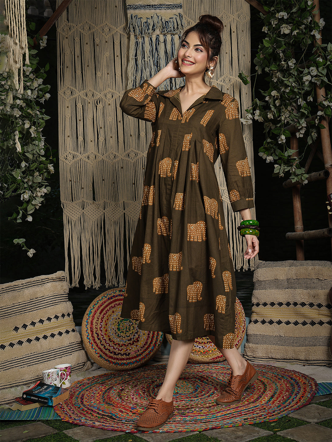 Cotton Calf Length Printed Full Sleeve Shirt Collar Flared Dress