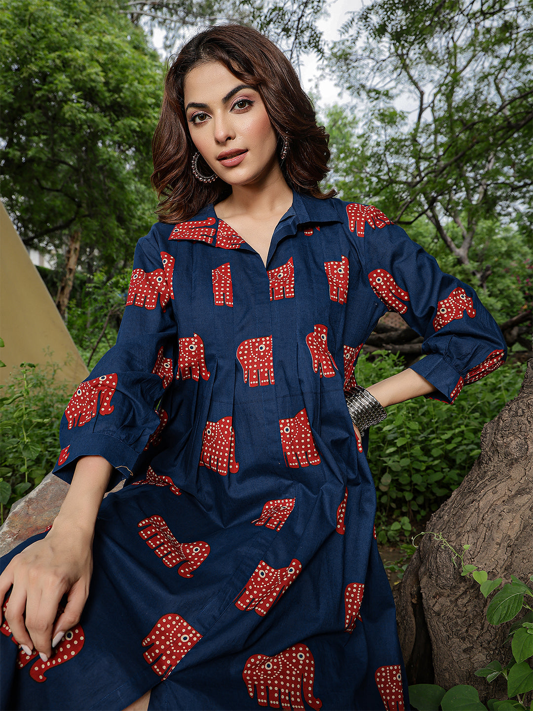 Cotton Calf Length Printed Full Sleeve Shirt Collar Flared Dress