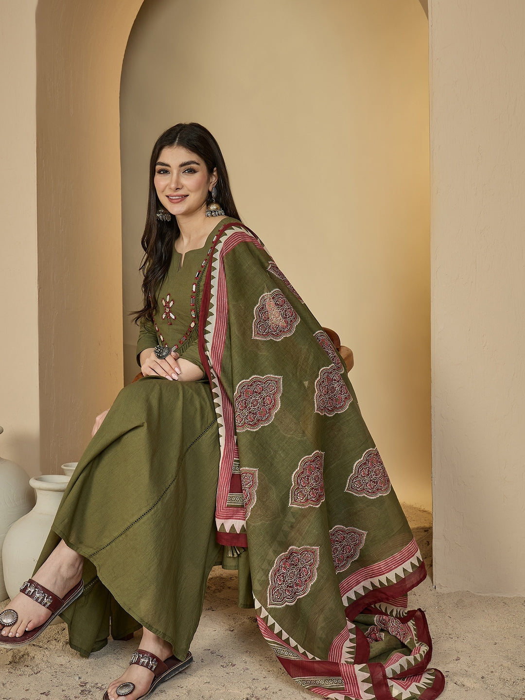 Cotton Calf Length Solid 3/4 Sleeves Round Neck Flared Kurta Suit Set