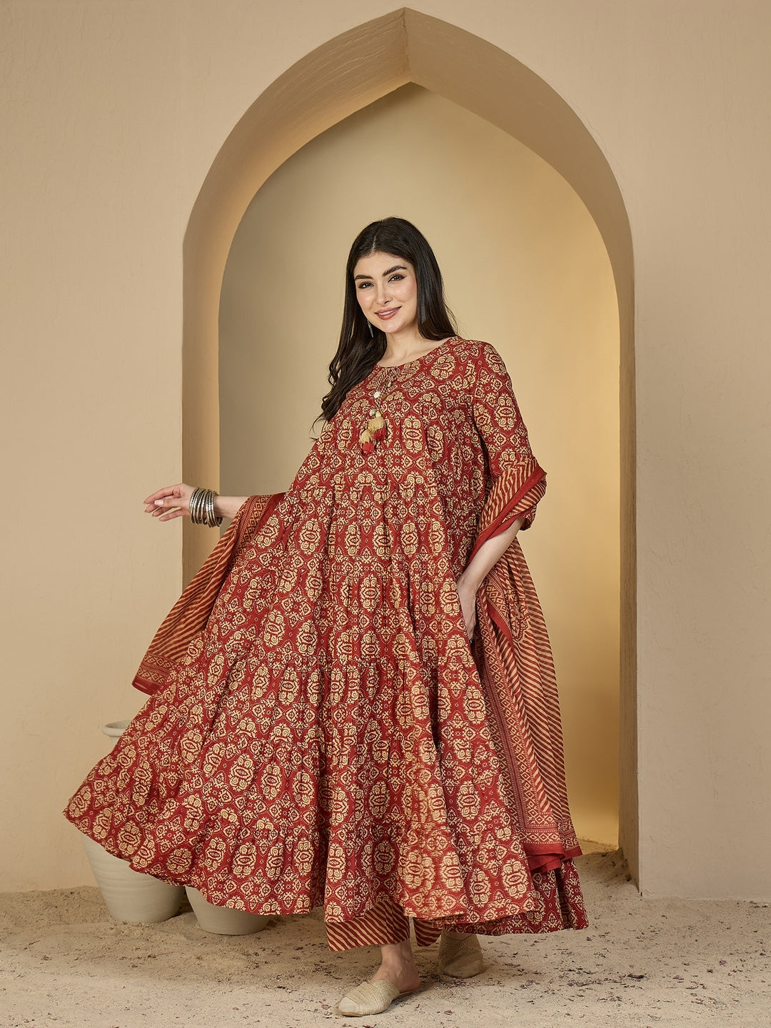 Cotton Calf Length Printed 3/4 Sleeves Round Neck Anarkali Kurta Suit Set