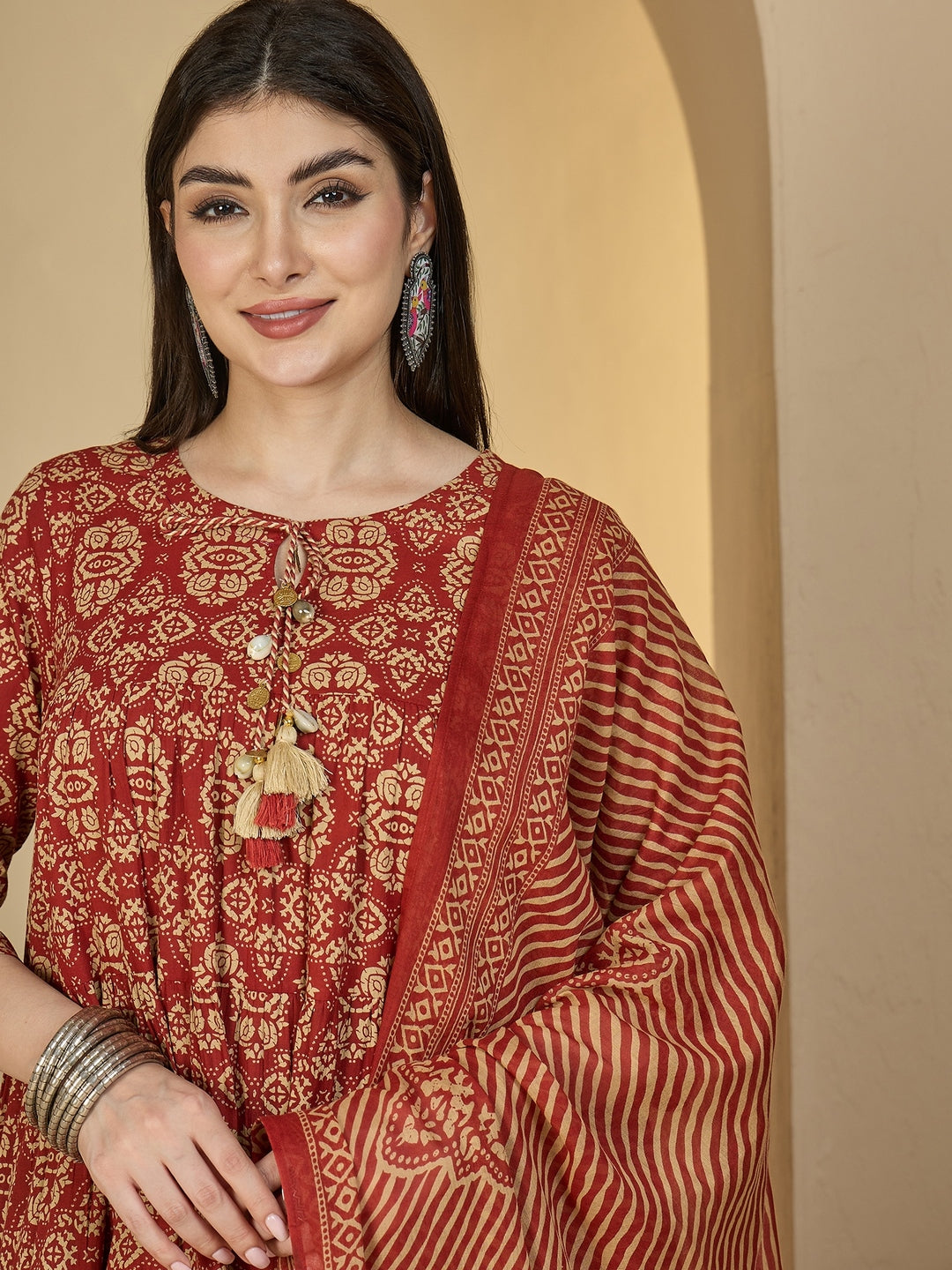 Cotton Calf Length Printed 3/4 Sleeves Round Neck Anarkali Kurta Suit Set